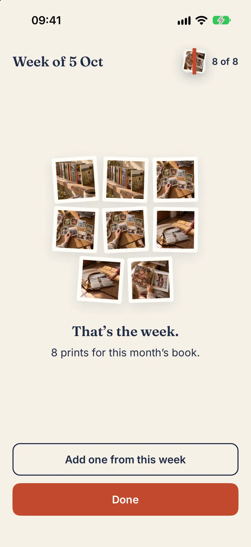 “That’s the week.” Eight prints for this month’s book.