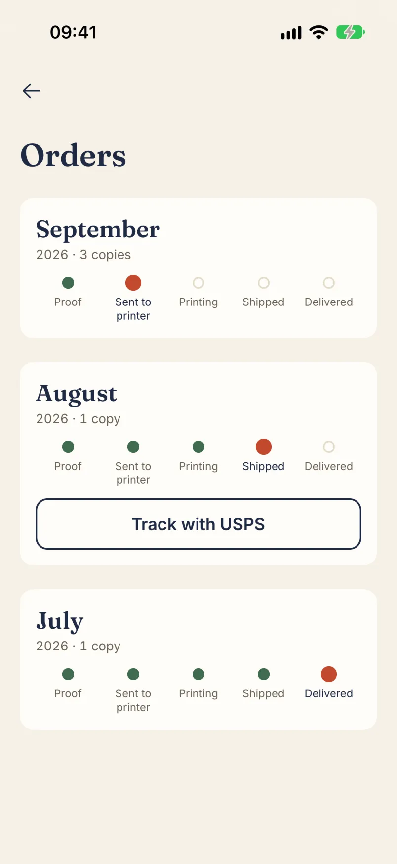 Orders: each month’s book from proof to delivered, with tracking.