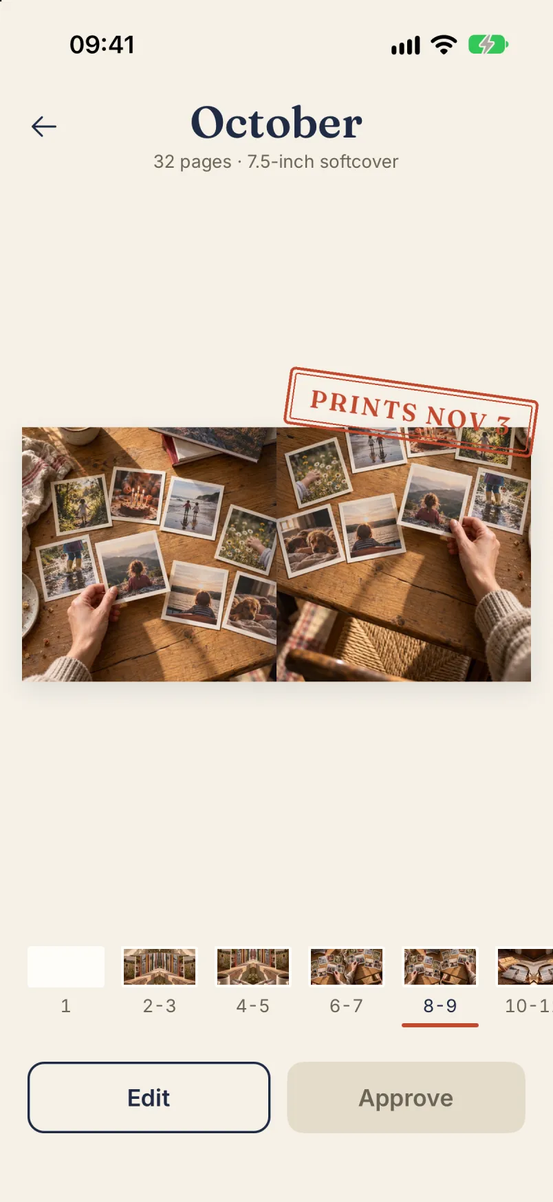 October’s proof: 32 pages, 7.5-inch softcover, with the stamp “Prints Nov 3”.